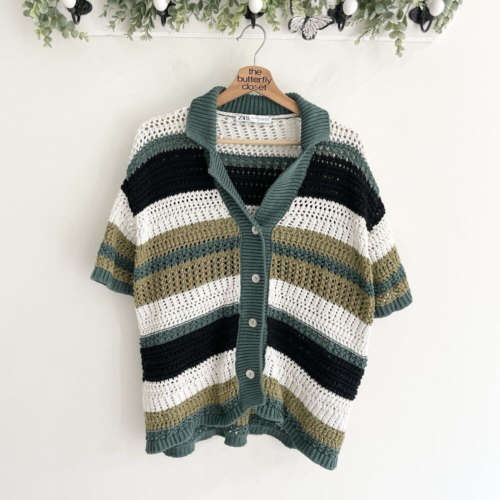 Zara Green White And Black Knit Collared Casual Short Sleeve Boho Shirt Size XL